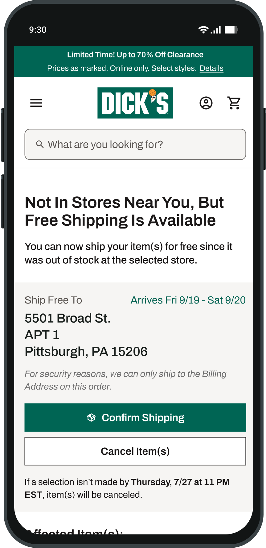 DICK'S Sporting Goods landing page: Not In Stores Near You, with a Confirm Shipping button and delivery address.