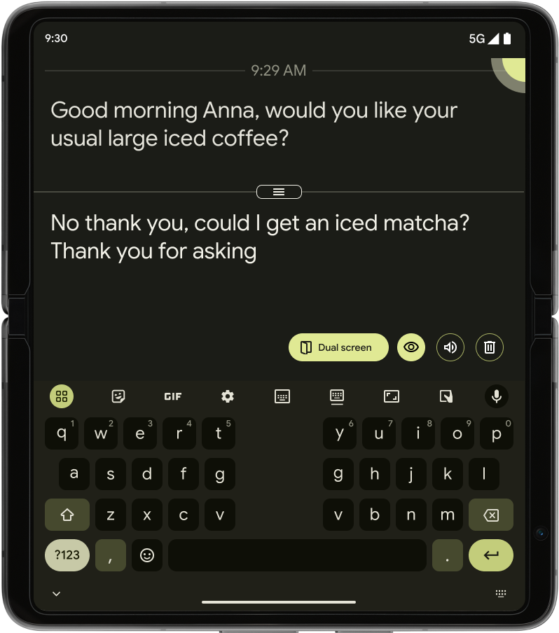 Inside screen of Pixel Fold showing live transcription, typed reply, Dual Screen controls, and split keyboard