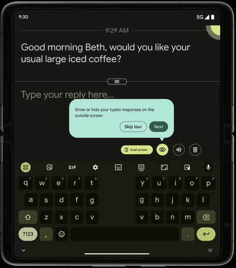 First-run Dual Screen tour — tapping through privacy, speak, and delete tooltips