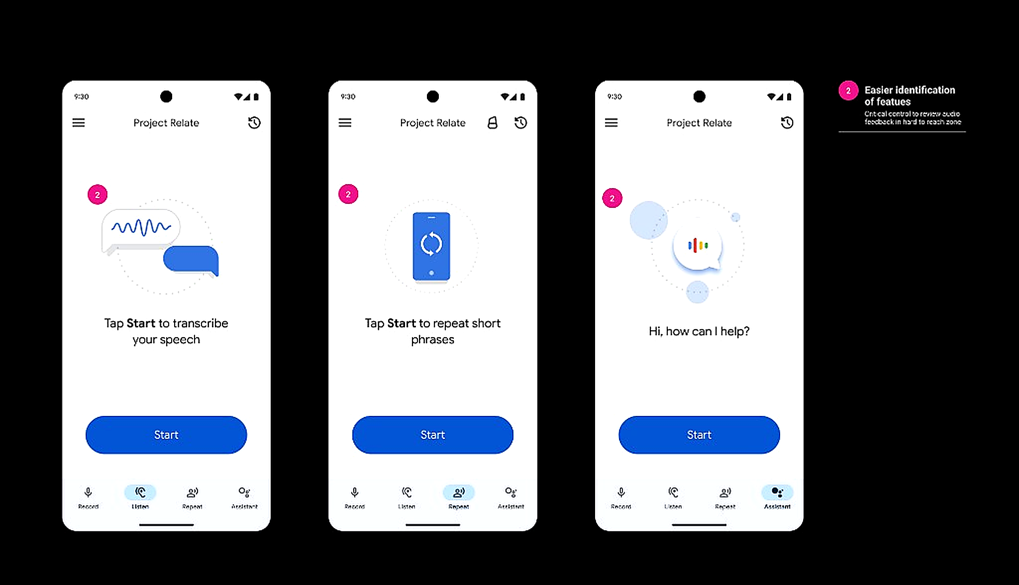 Material 3 Listen, Repeat, and Assistant screens with distinct illustrations