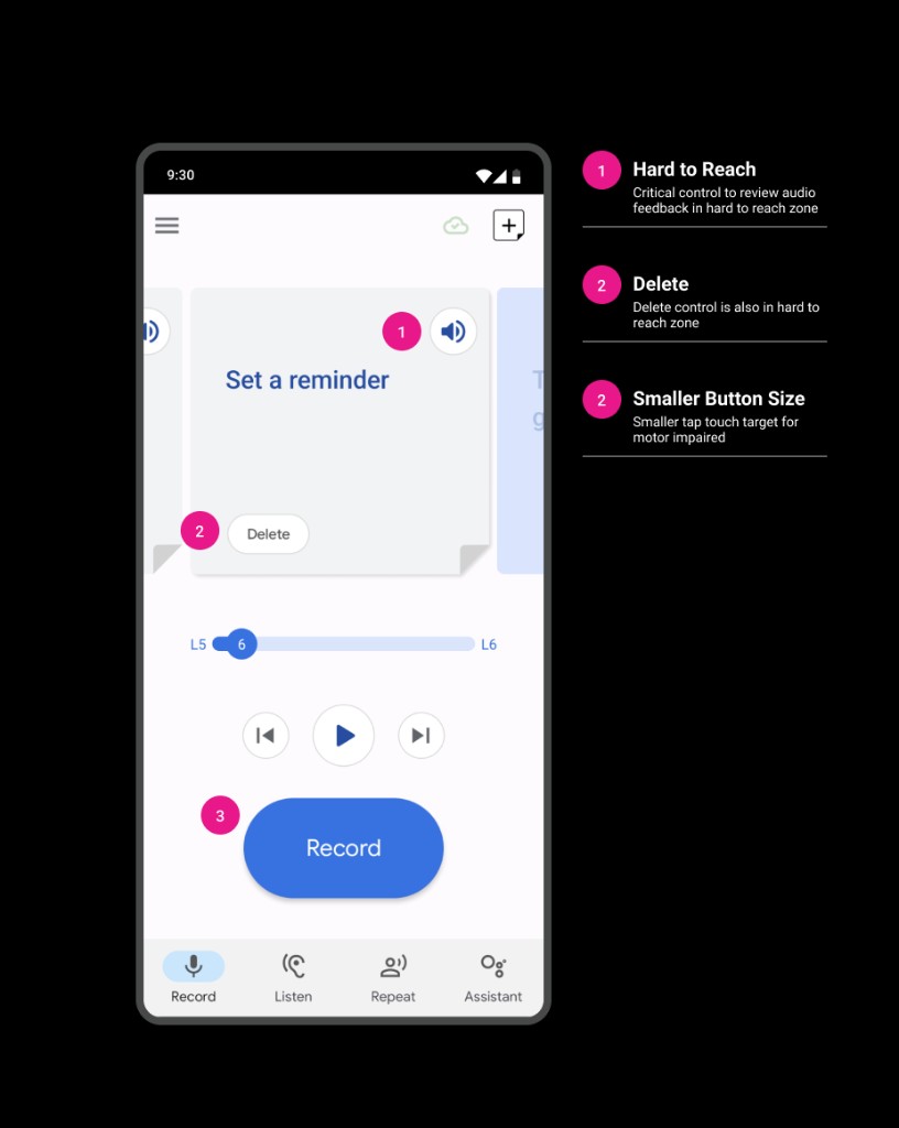 Material 2 Record screen with reach and tap-target issues